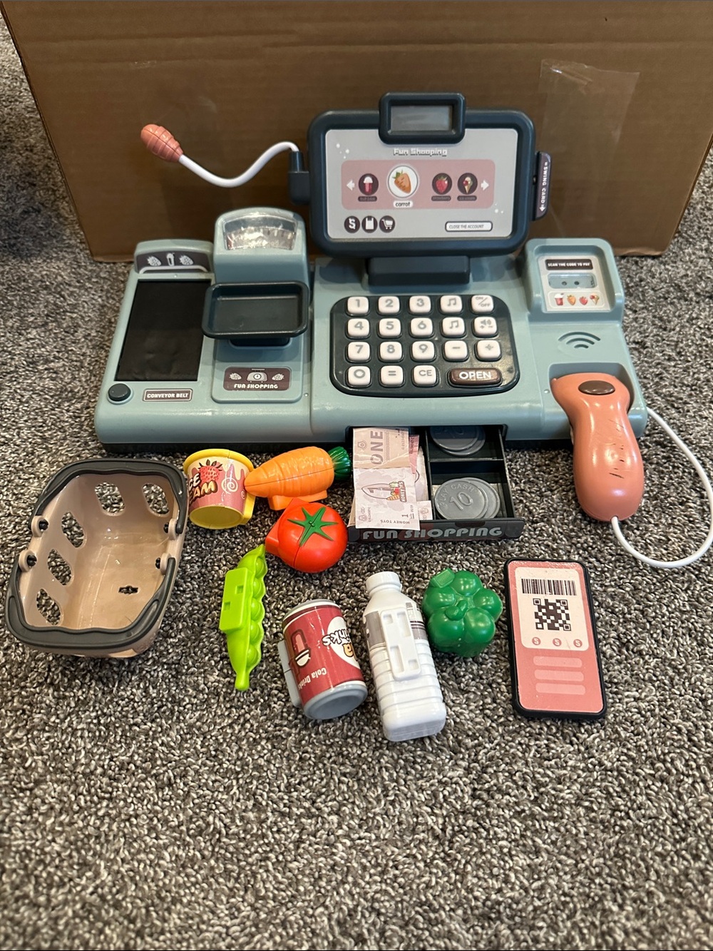 Kids Play Cash Register with Pink Scanner and Gray-Blue Console